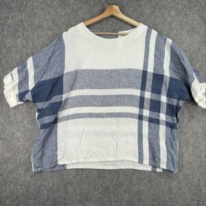 Beau Jours Shirt Womens 1 Blue Linen Plaid Dolman Short Sleeve Top Boxy